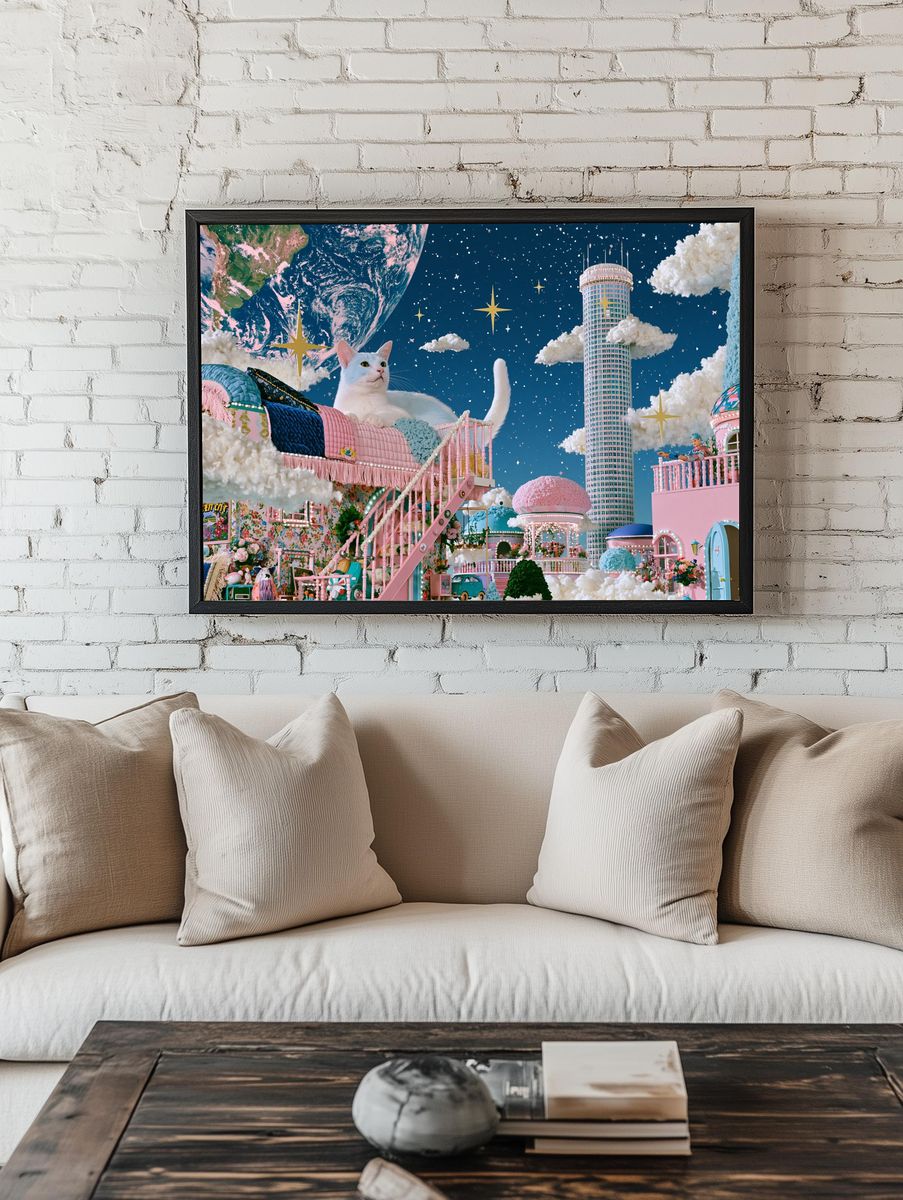 Dreamy Cat Cityscape Fantasy Print. room preview