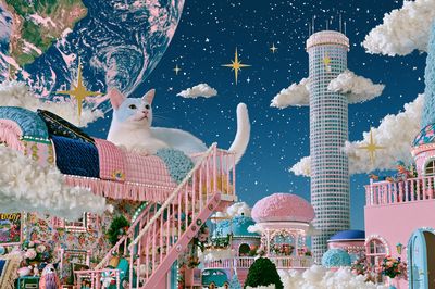 Dreamy Cat Cityscape Fantasy Print. poster