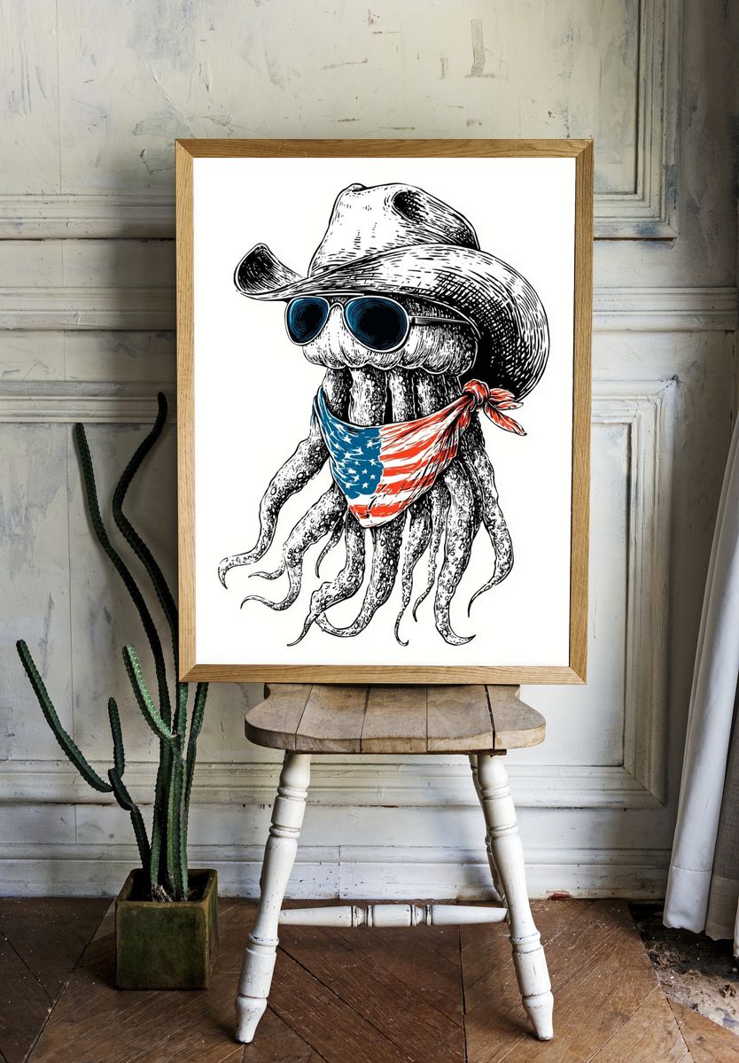 Cowboy Octopus Illustration Poster. room preview