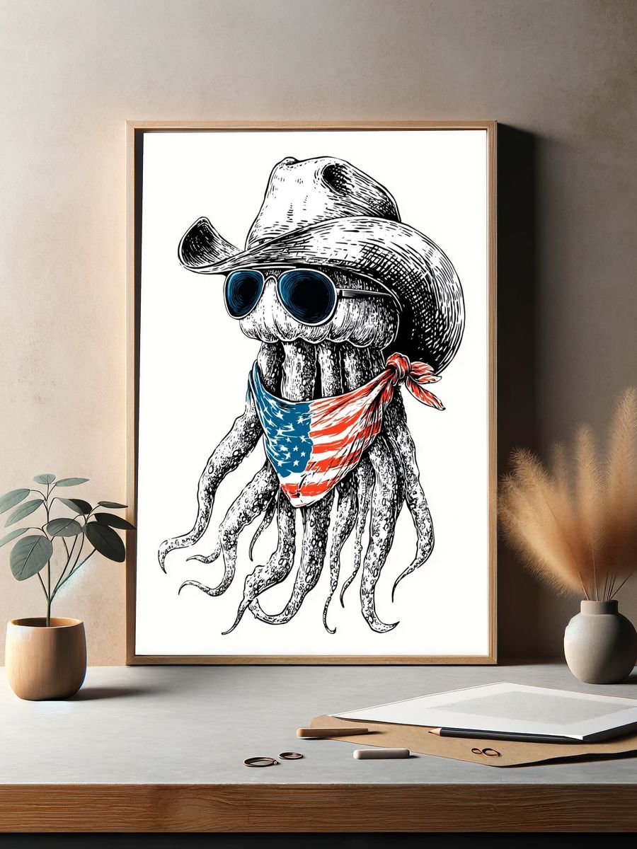 Cowboy Octopus Illustration Poster. — room view 2