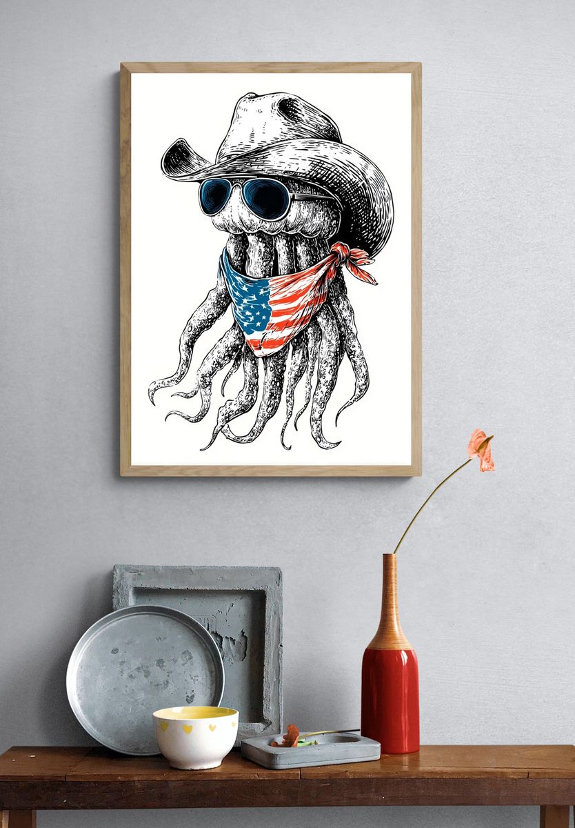 Cowboy Octopus Illustration Poster. — room view 3