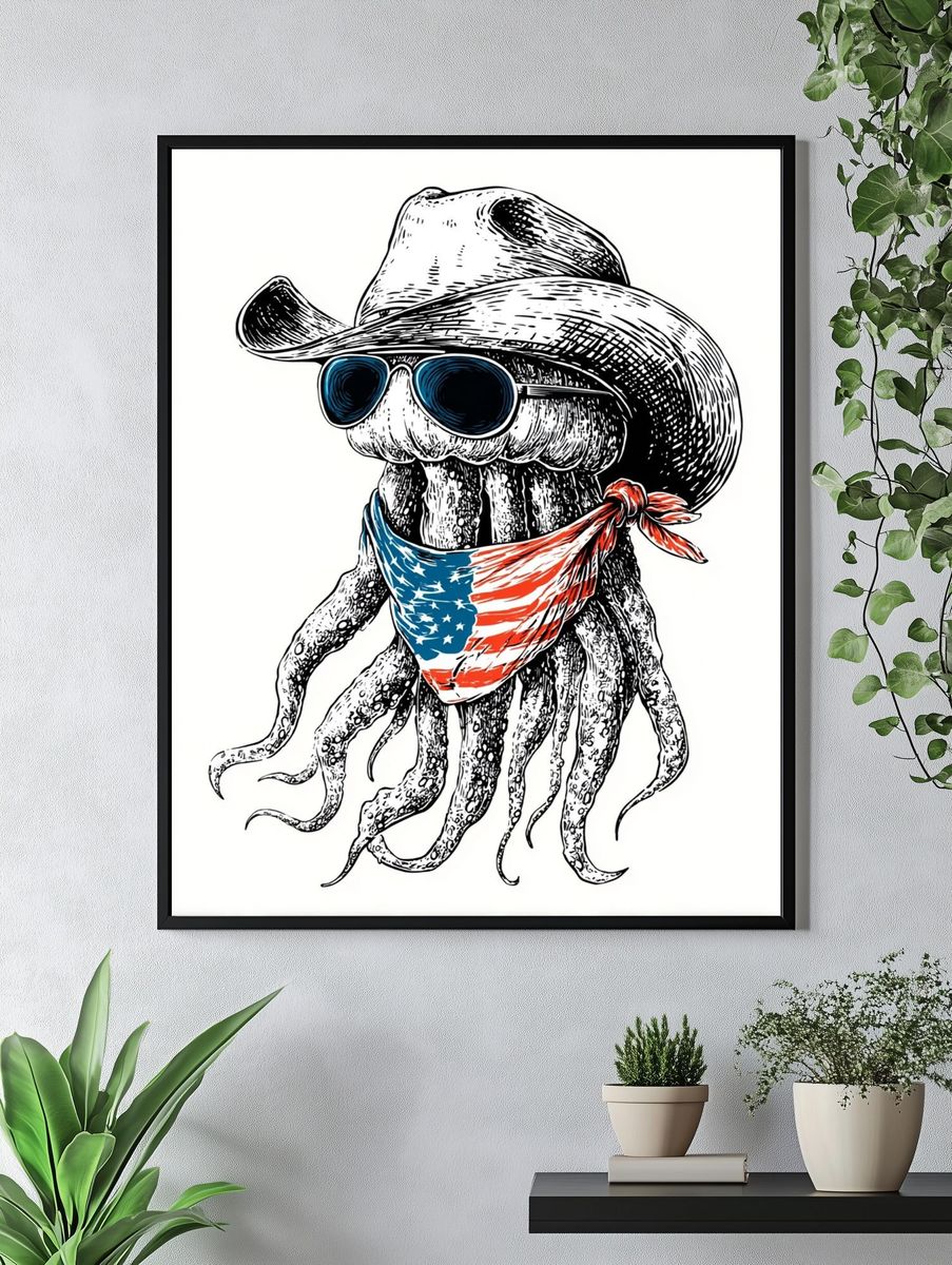 Cowboy Octopus Illustration Poster. — room view 4