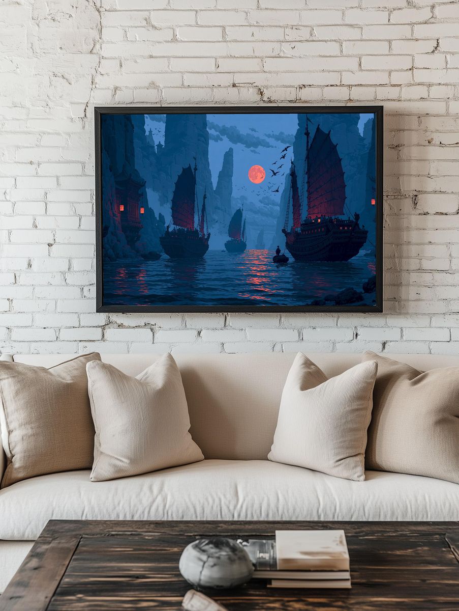 Moonlit Pirate Harbor Fantasy Print. — room view 1