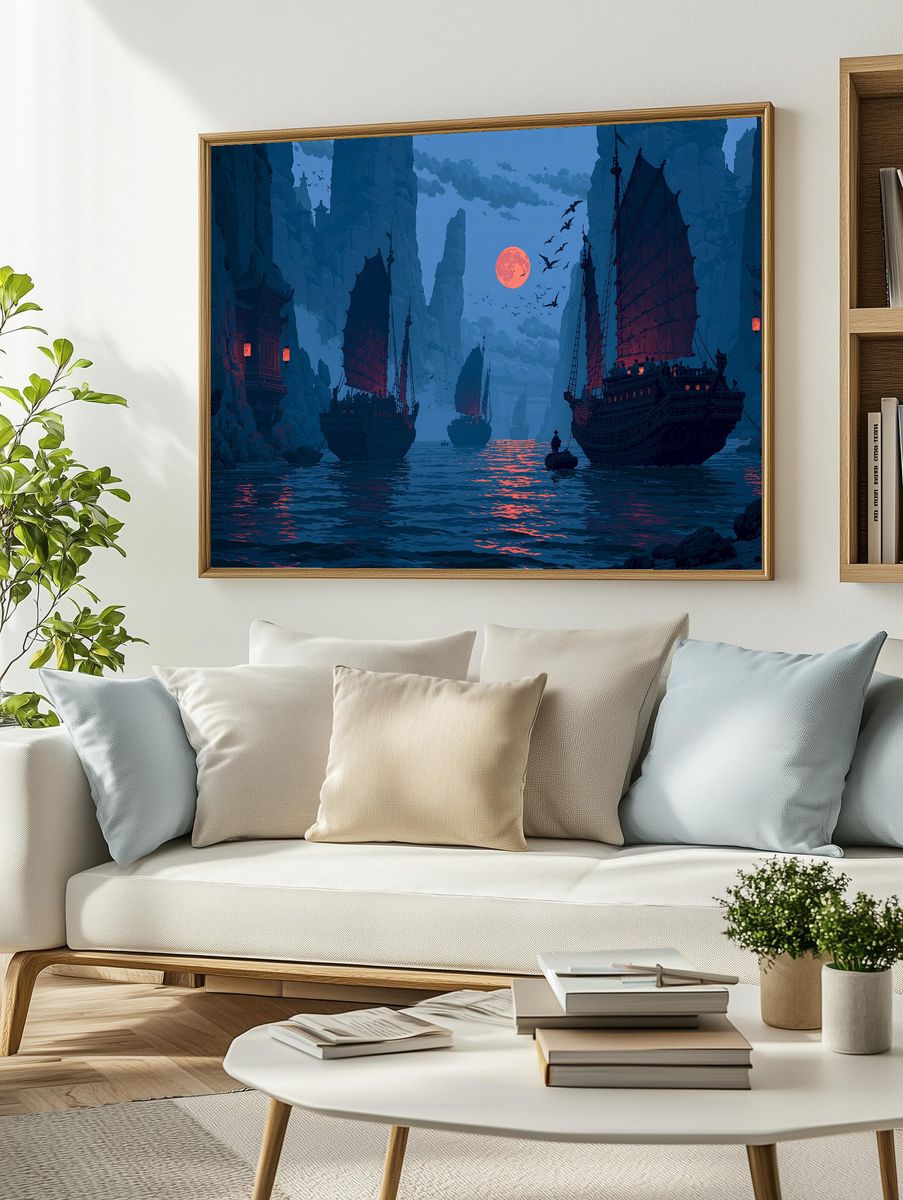 Moonlit Pirate Harbor Fantasy Print. — room view 2