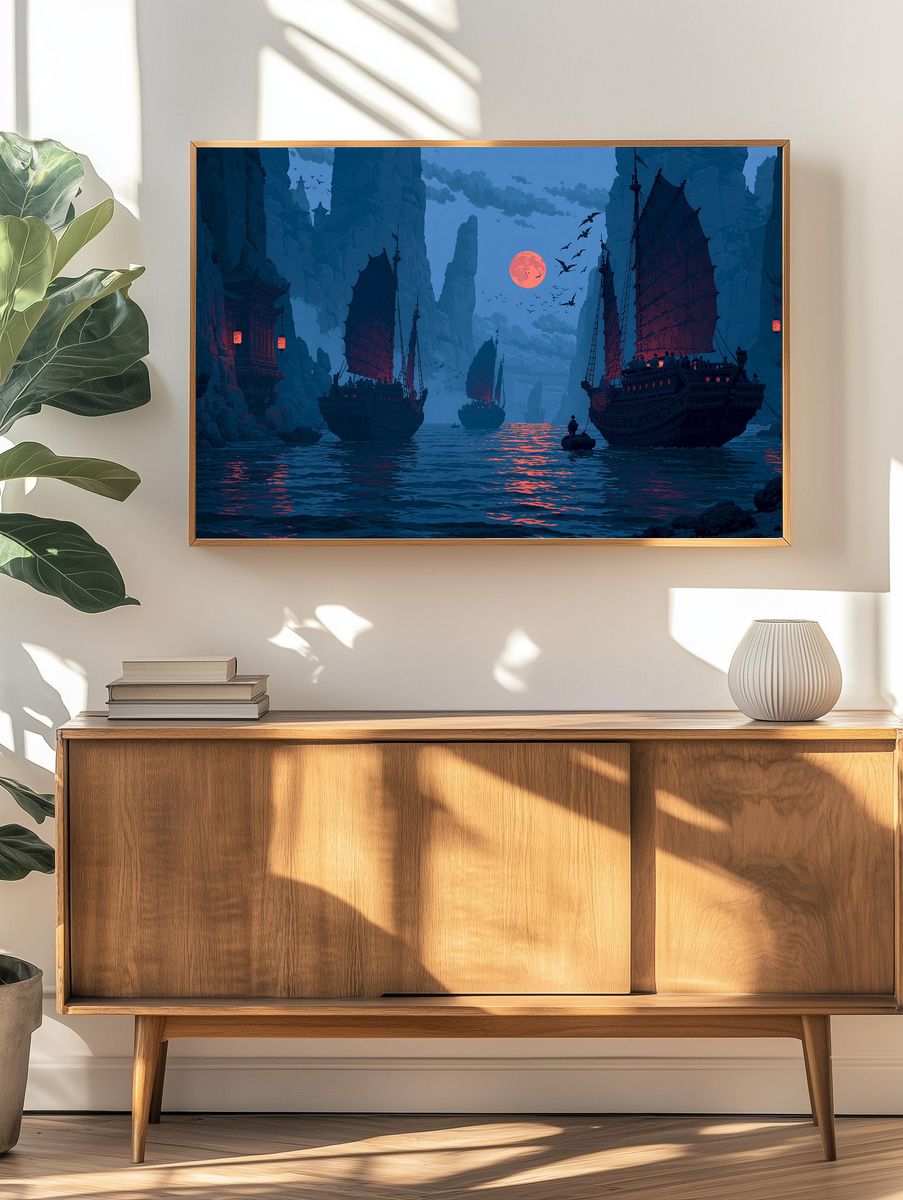 Moonlit Pirate Harbor Fantasy Print. — room view 3