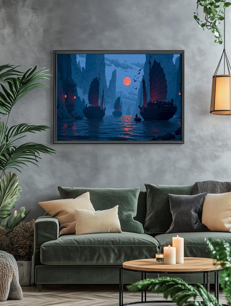 Moonlit Pirate Harbor Fantasy Print. — room view 4
