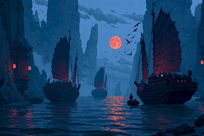 Moonlit Pirate Harbor Fantasy Print. poster