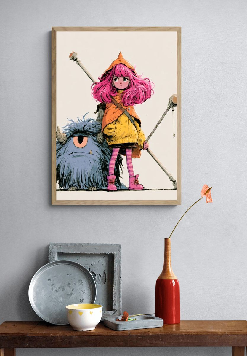 Fantasy Girl and Monster Illustration Poster. — room view 3