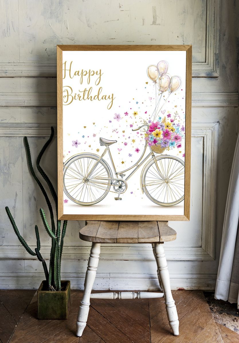 Happy Birthday Bicycle Illustration Poster. room preview