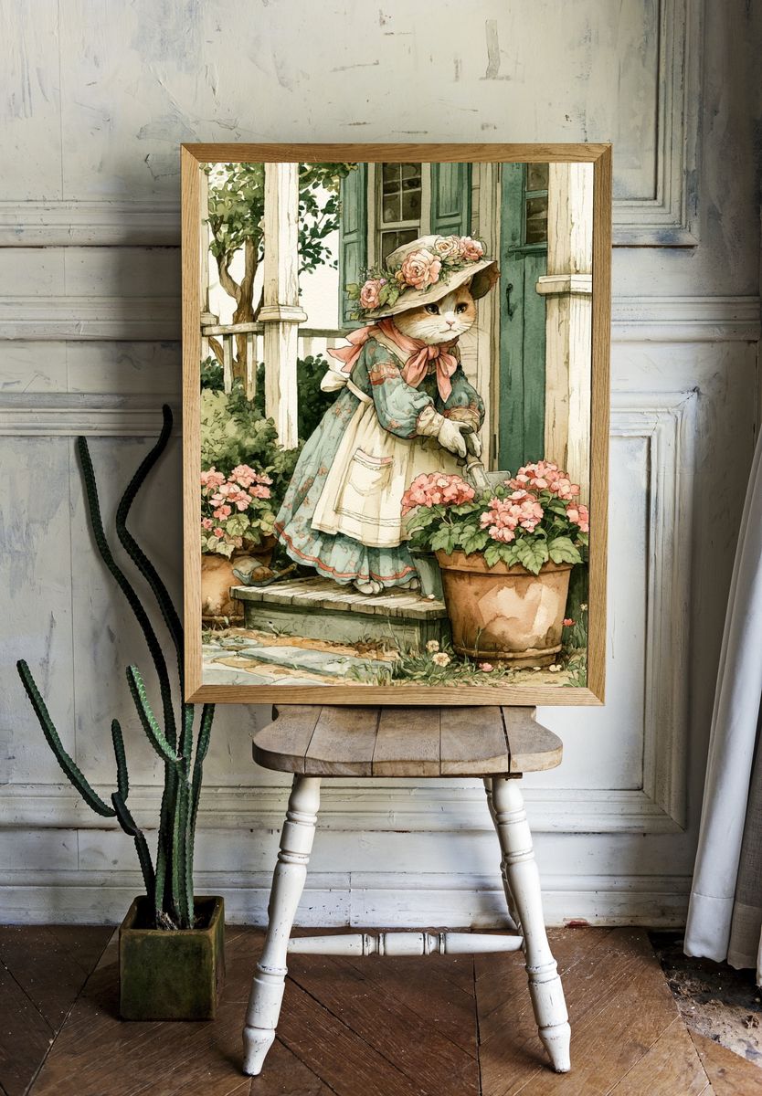 Floral Cat Garden Illustration Poster. room preview