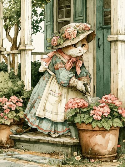 Floral Cat Garden Illustration Poster.