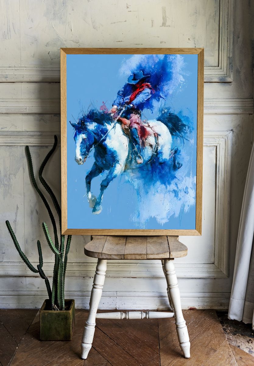 Blue Rodeo Horse Watercolor Poster. — room view 1