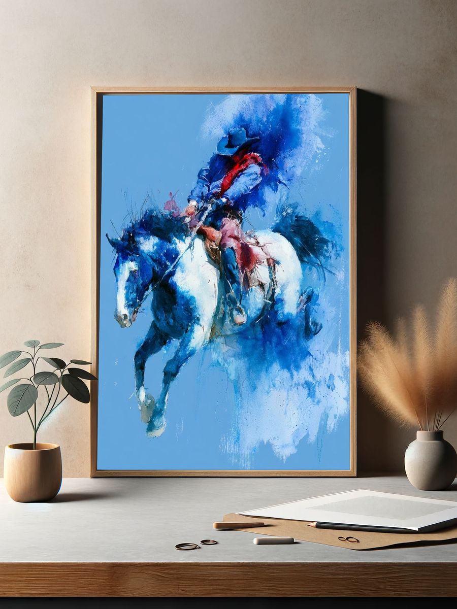 Blue Rodeo Horse Watercolor Poster. — room view 2