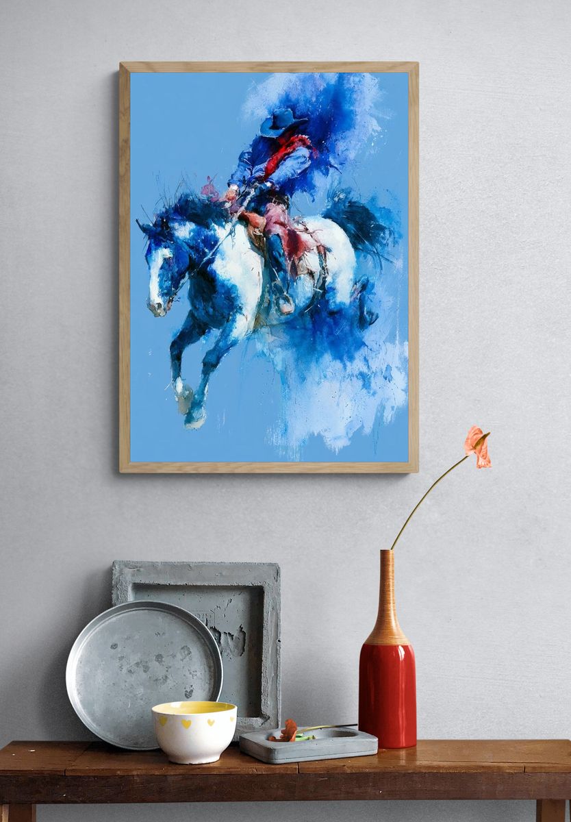 Blue Rodeo Horse Watercolor Poster. — room view 3