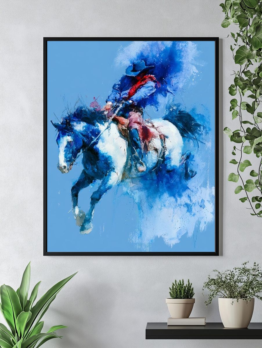Blue Rodeo Horse Watercolor Poster. — room view 4