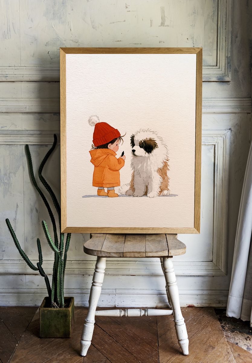 Child and Dog Watercolor Poster. — room view 1