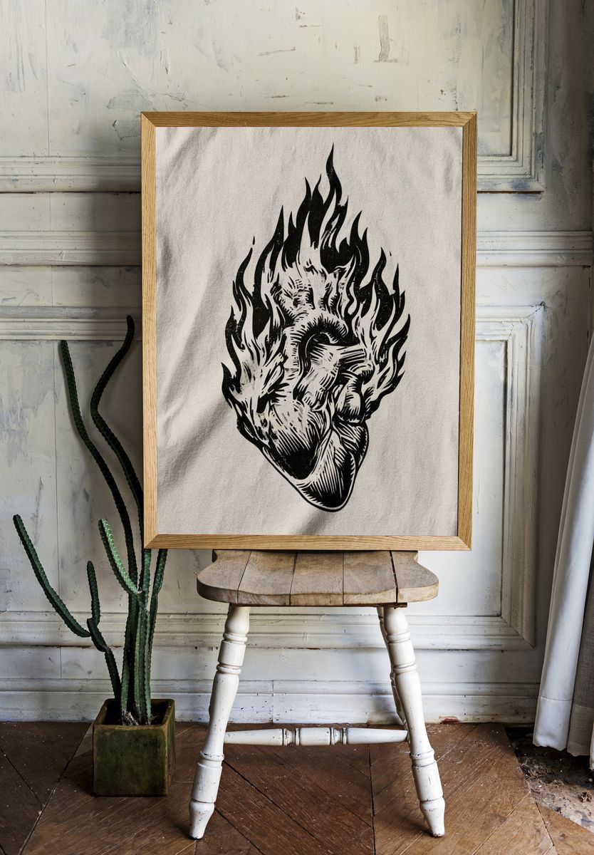 Flaming Heart Ink Illustration Poster. room preview