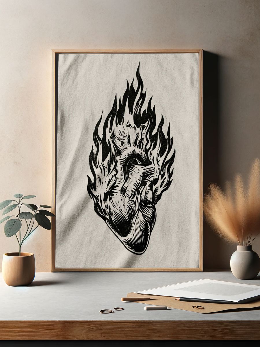 Flaming Heart Ink Illustration Poster. — room view 2