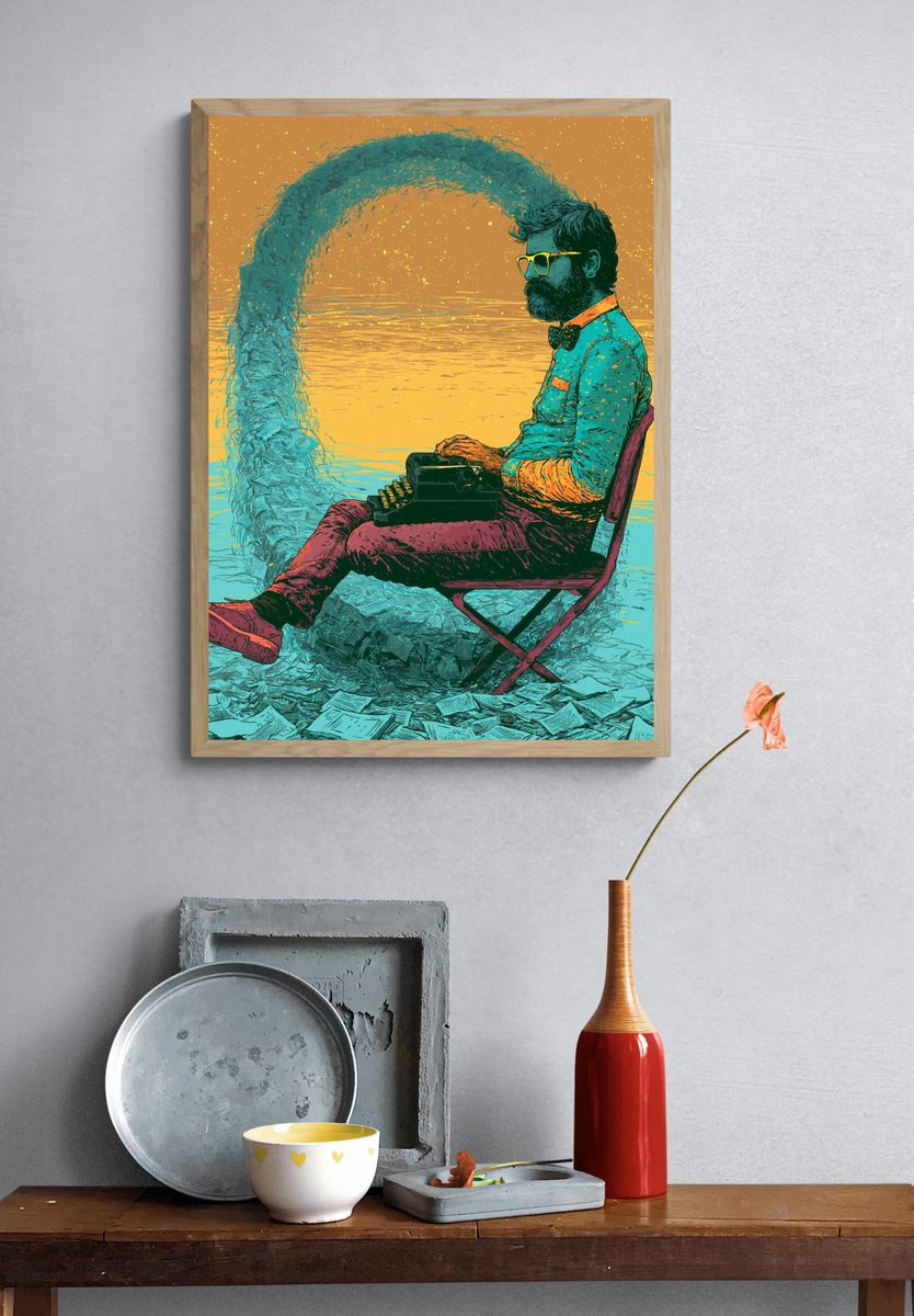 Typewriter Man Surreal Illustration Poster. — room view 3