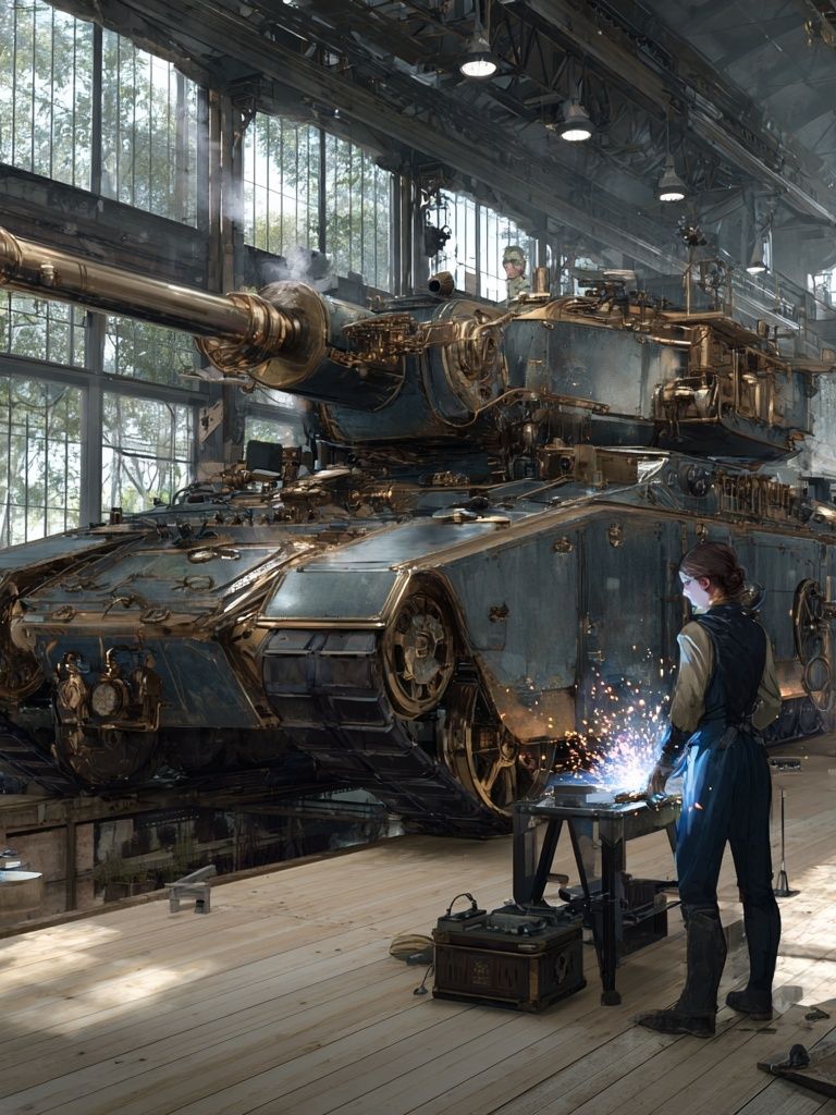 Steampunk Tank Workshop Illustration Poster. poster — illustration art