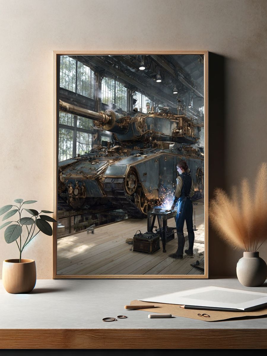 Steampunk Tank Workshop Illustration Poster. — room view 2