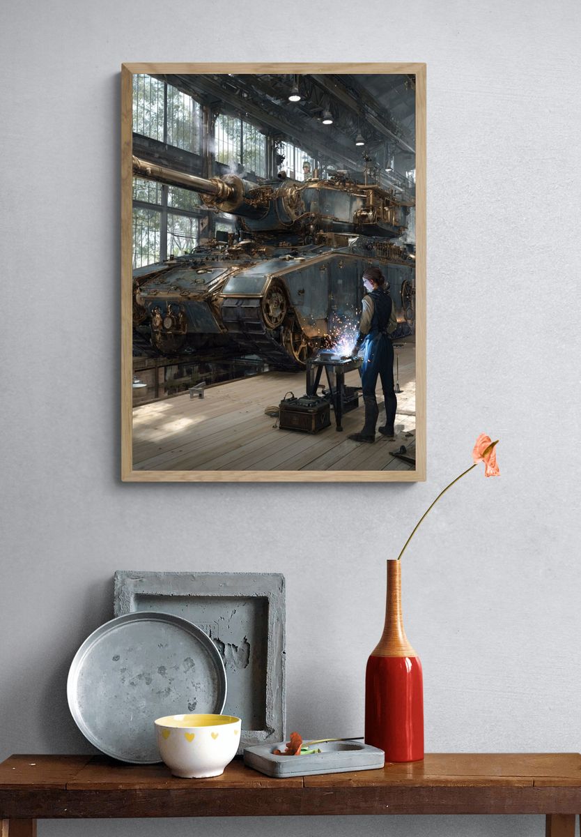 Steampunk Tank Workshop Illustration Poster. — room view 3