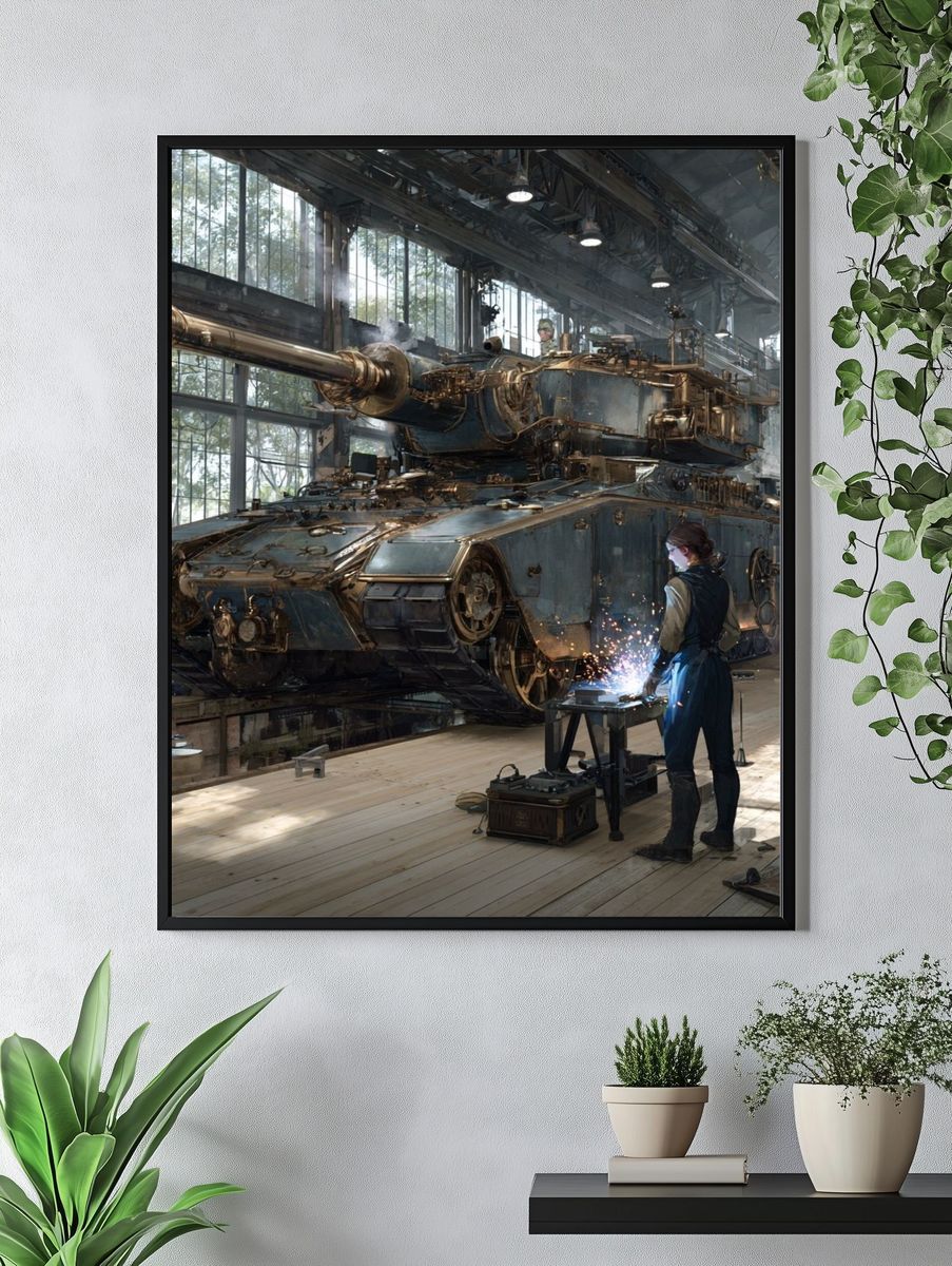 Steampunk Tank Workshop Illustration Poster. — room view 4