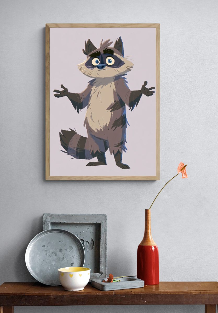 Curious Raccoon Illustration Poster. — room view 3