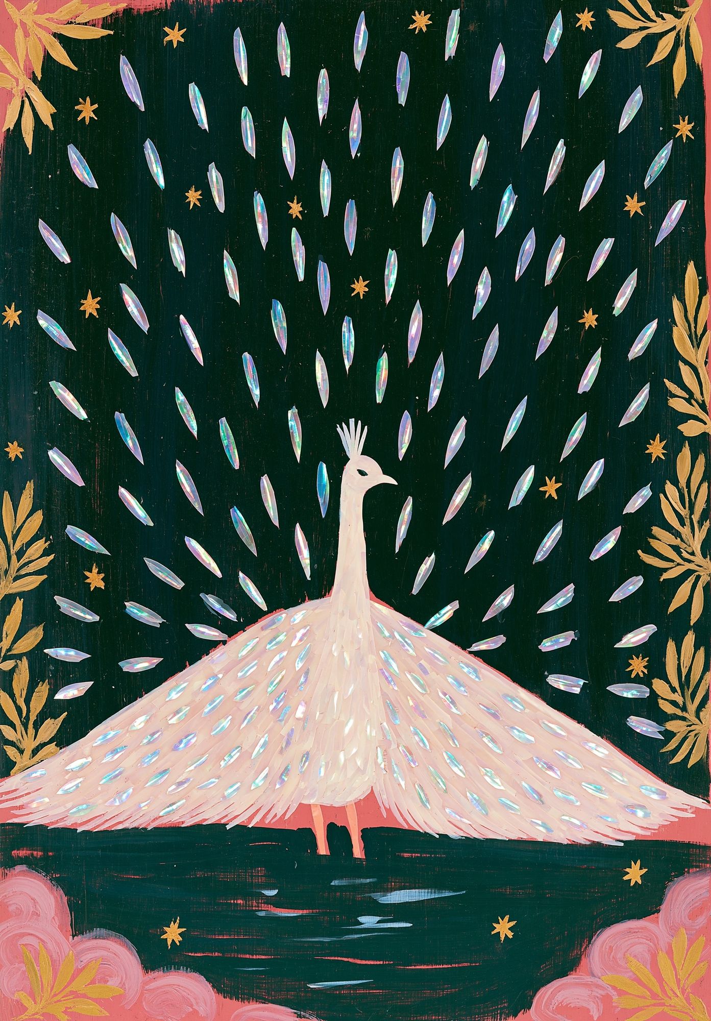 Peacock in Moonlit Garden Poster. poster detail