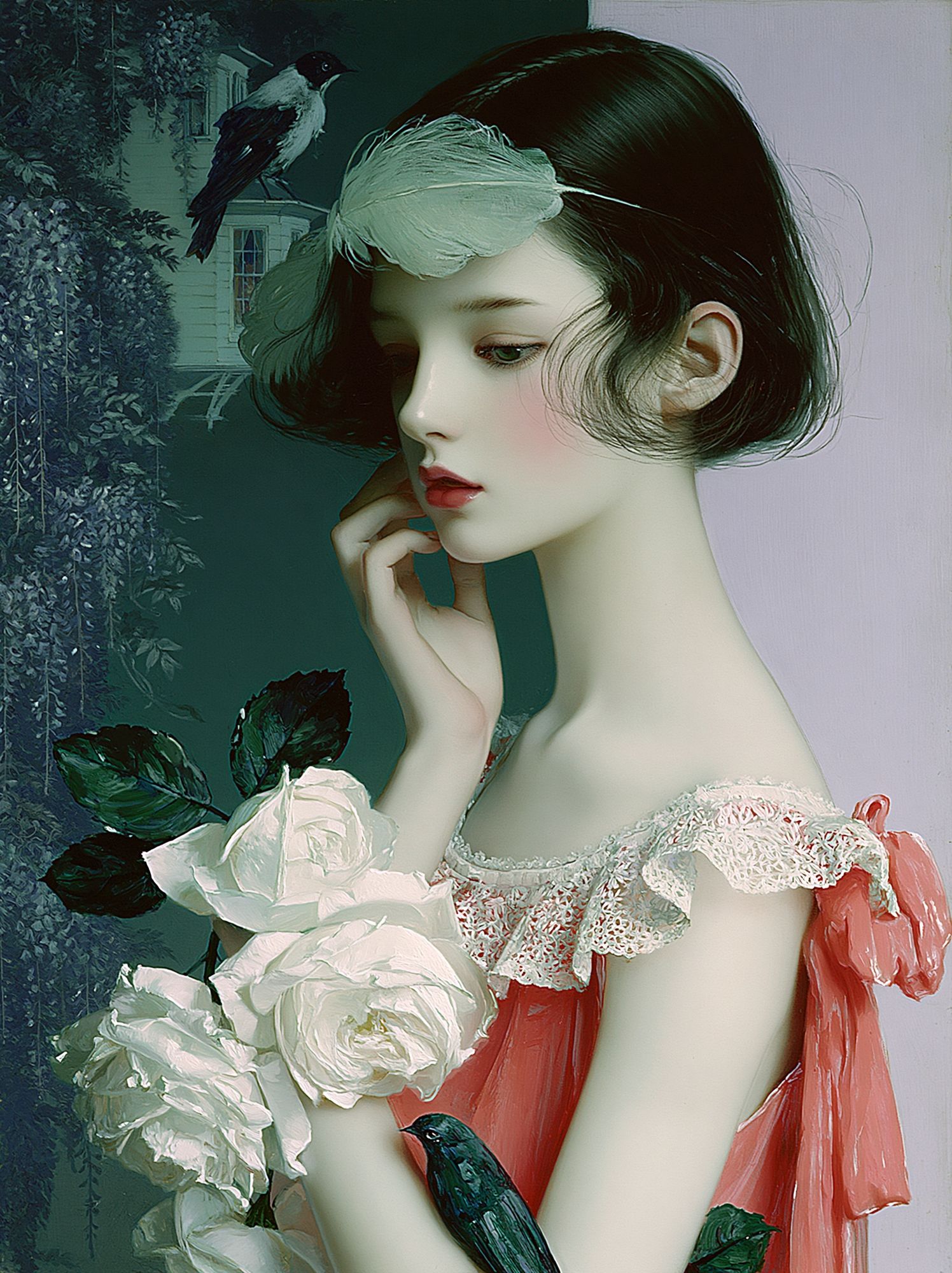 Dreamy Girl with Roses Illustration Poster. poster detail
