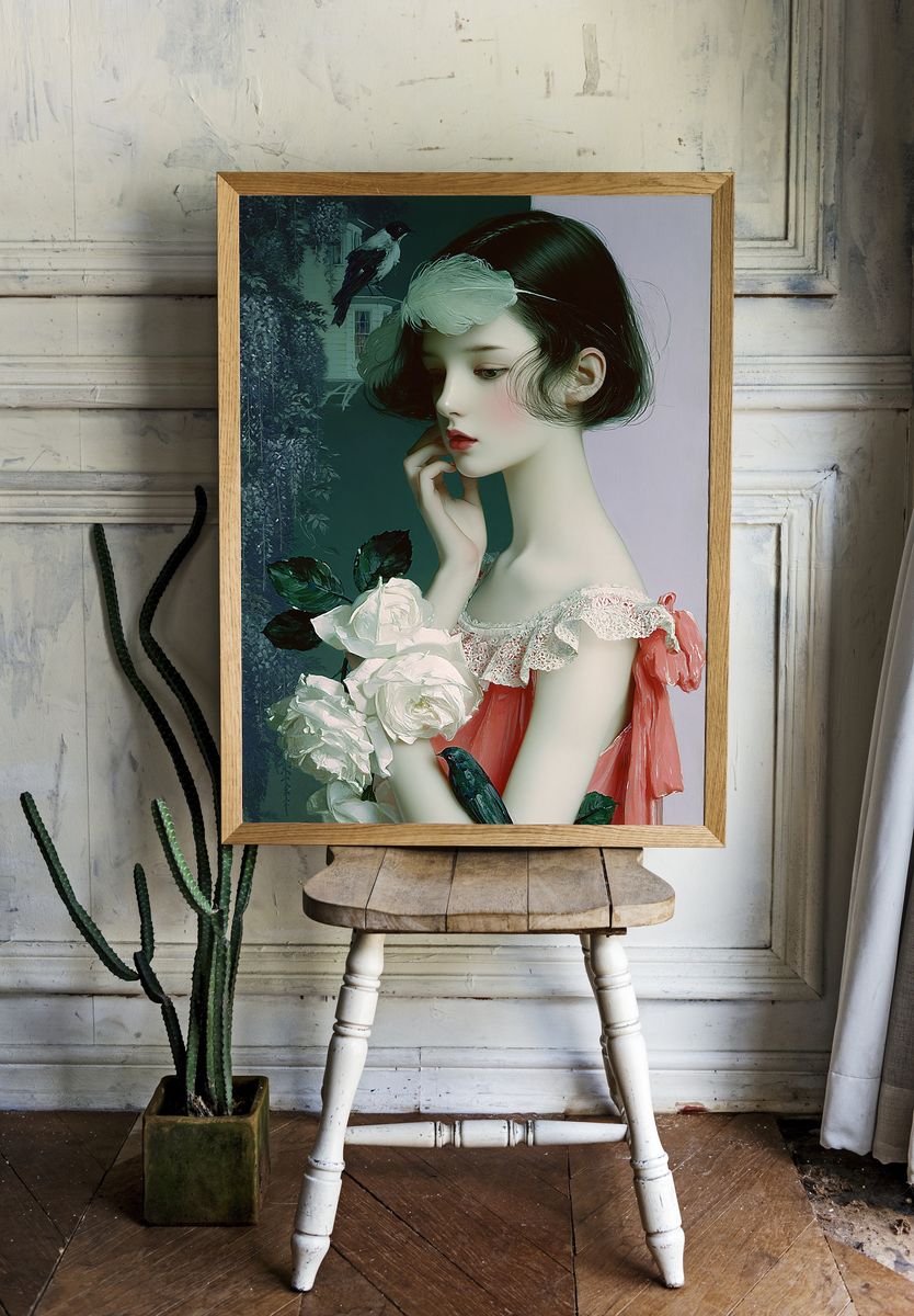 Dreamy Girl with Roses Illustration Poster. room preview