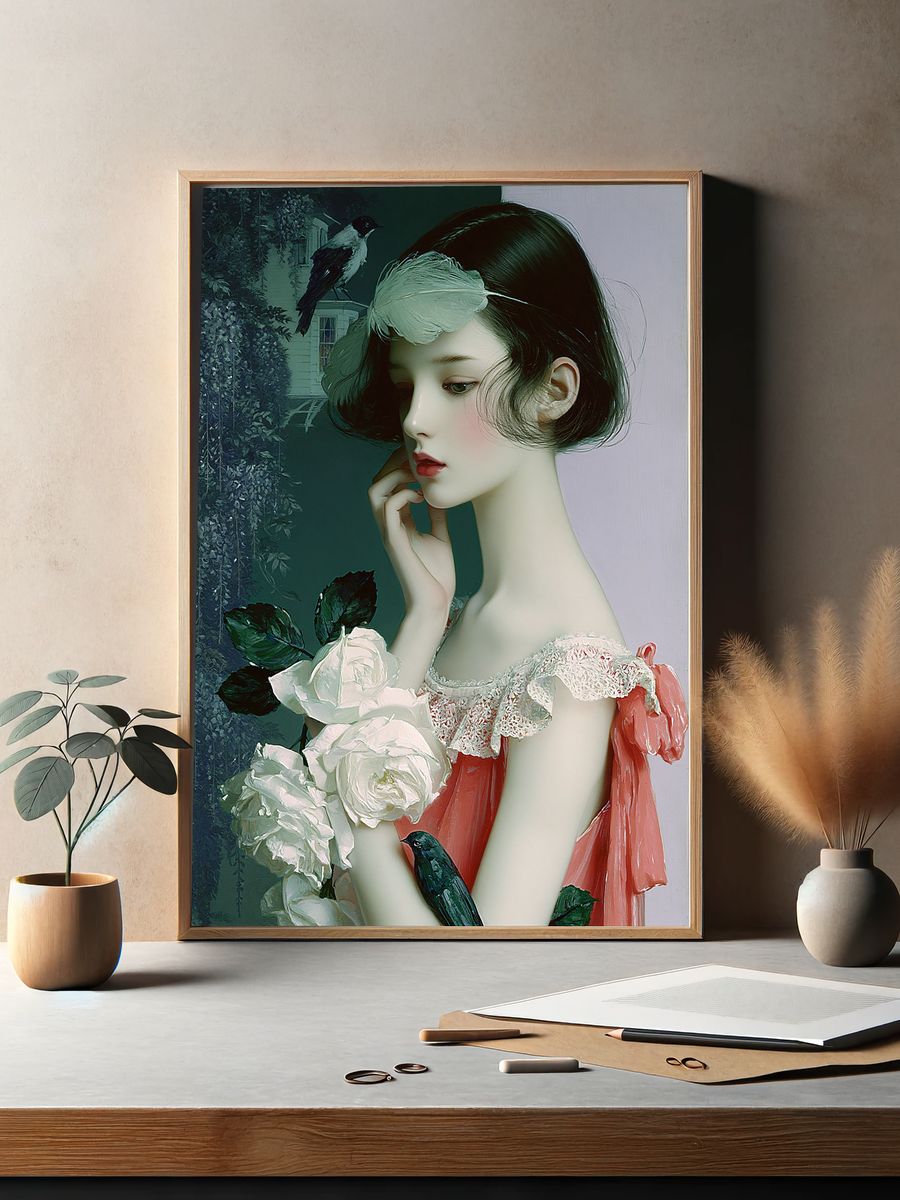 Dreamy Girl with Roses Illustration Poster. — room view 2
