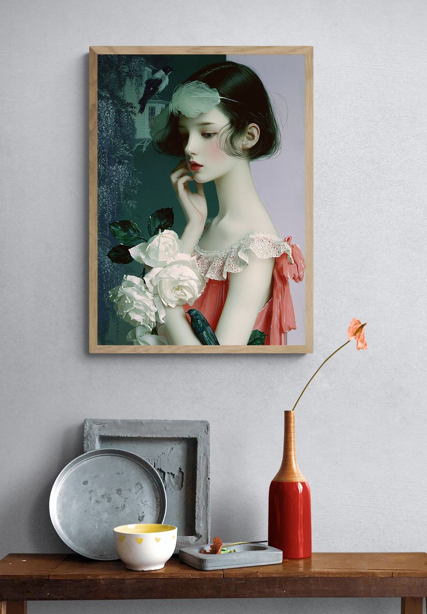 Dreamy Girl with Roses Illustration Poster. — room view 3