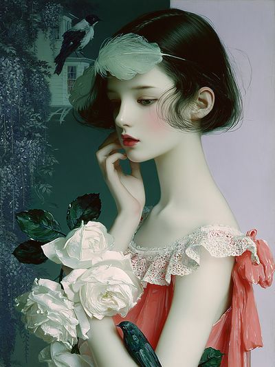 Dreamy Girl with Roses Illustration Poster.