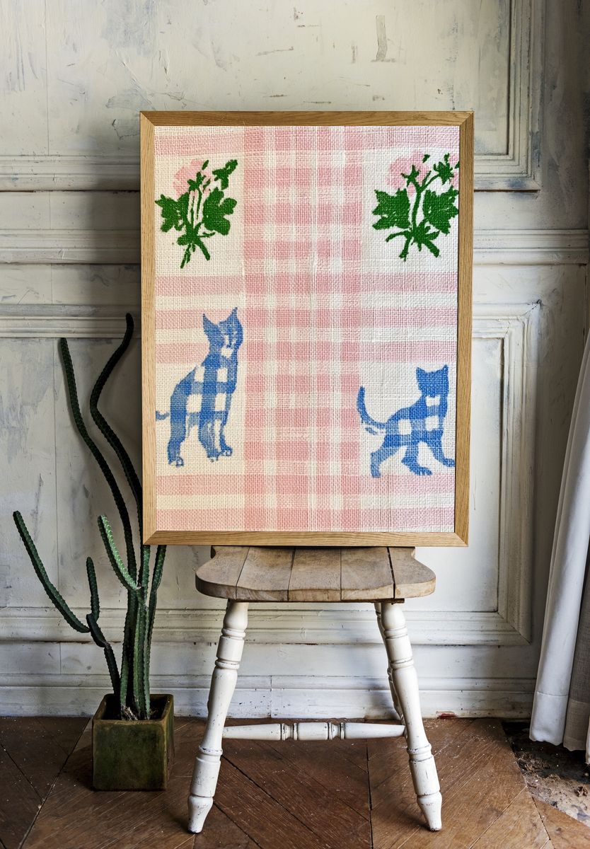 Pink Gingham Cats Botanical Print. room preview