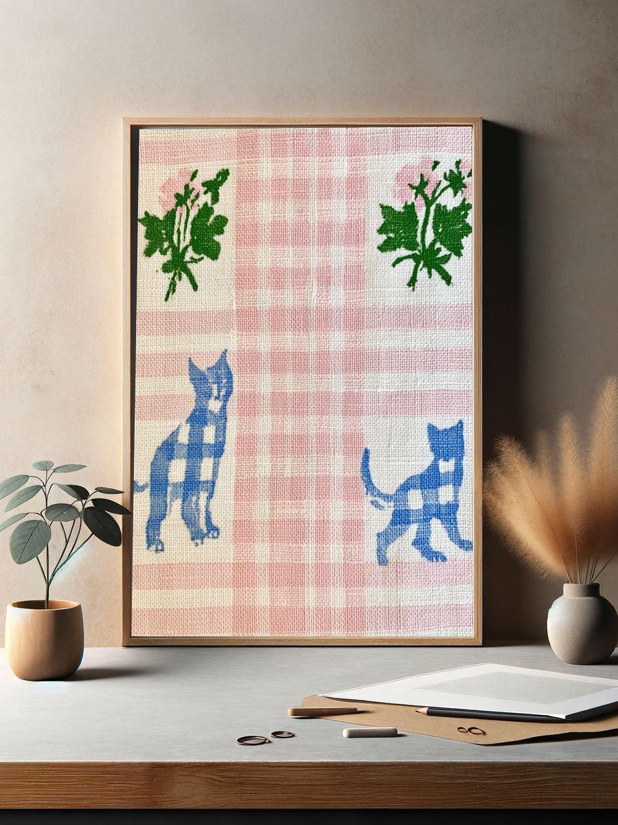 Pink Gingham Cats Botanical Print. — room view 2