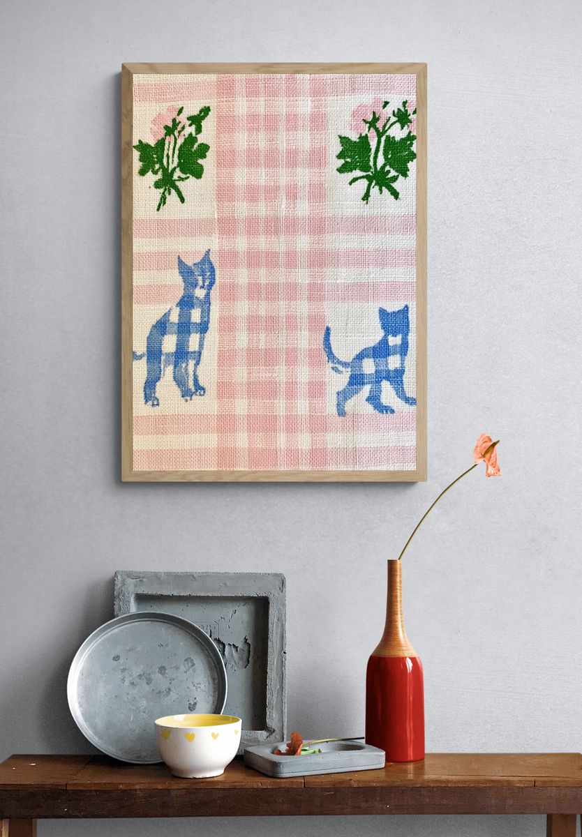 Pink Gingham Cats Botanical Print. — room view 3