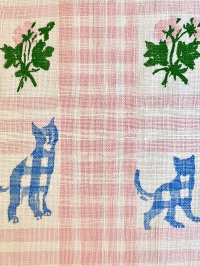 Pink Gingham Cats Botanical Print.