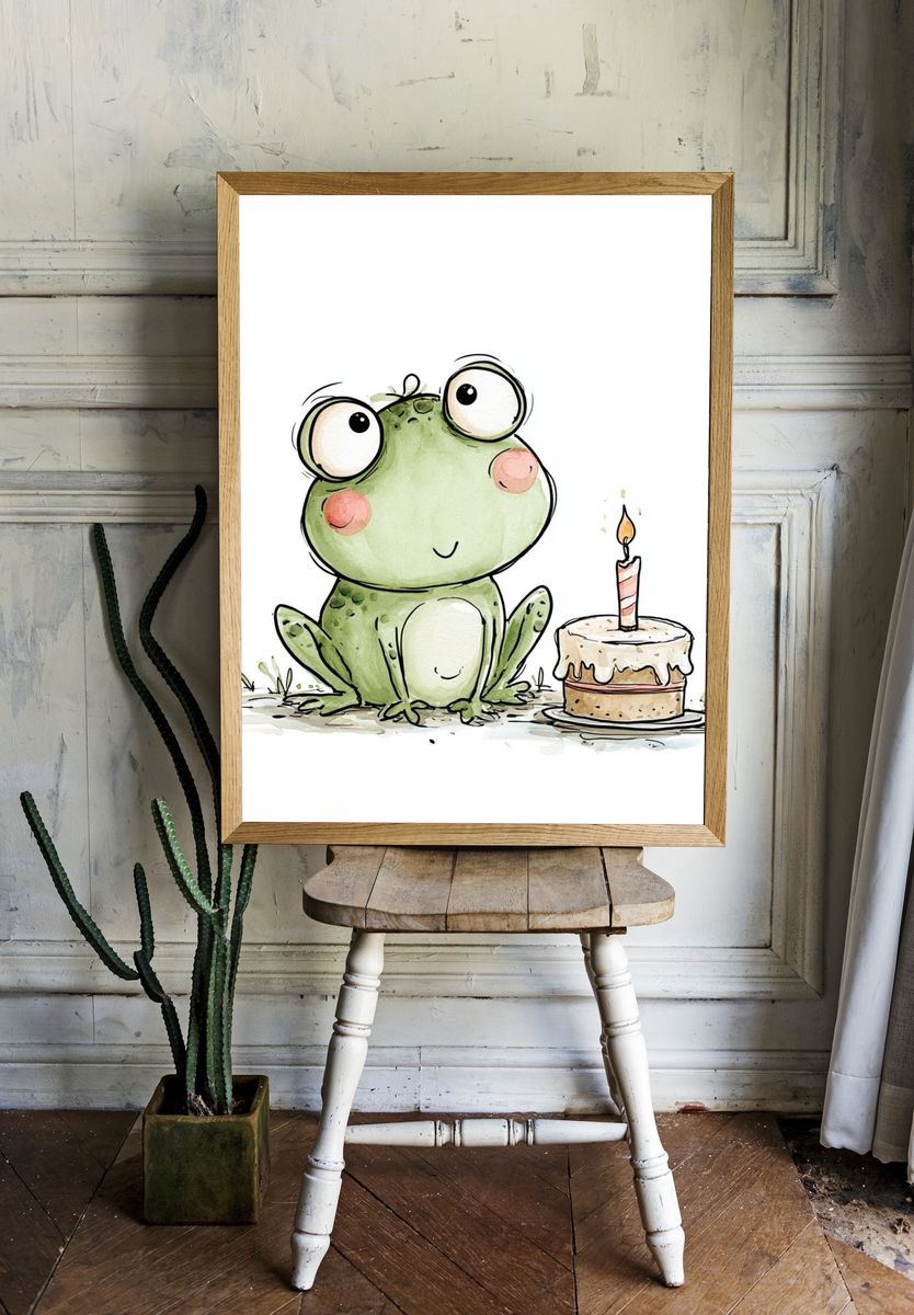 Birthday Frog Watercolor Print. room preview