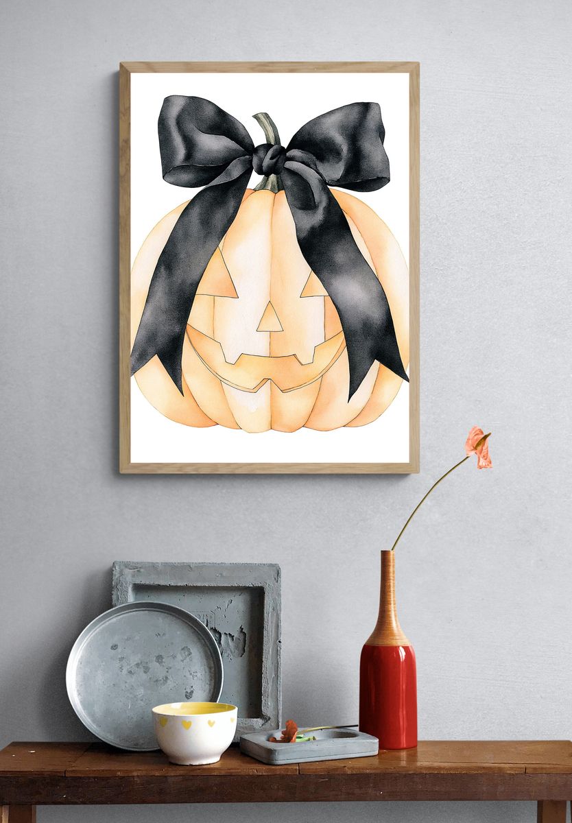 Black Bow Pumpkin Illustration Print. — room view 3