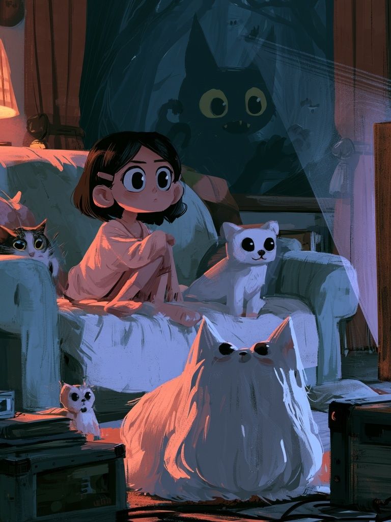 Moonlit Cat Room Illustration Poster. poster — illustration art