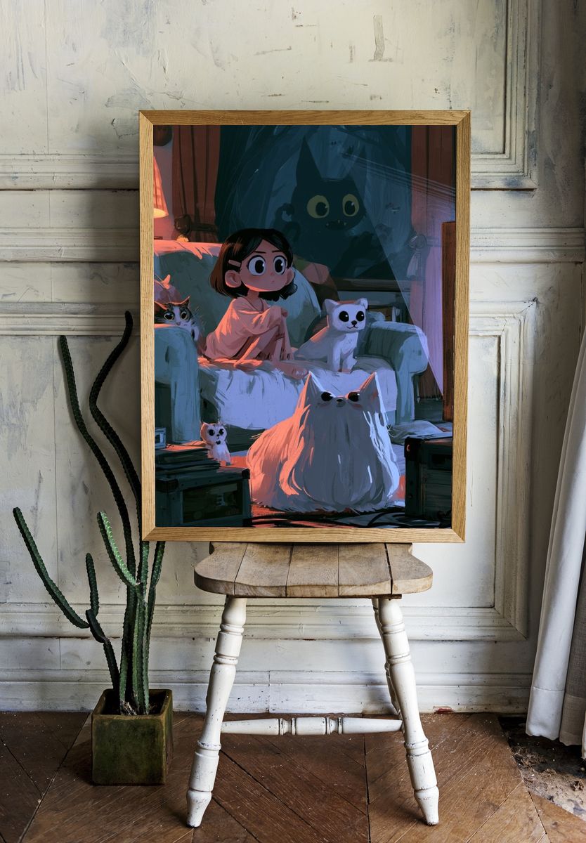 Moonlit Cat Room Illustration Poster. room preview