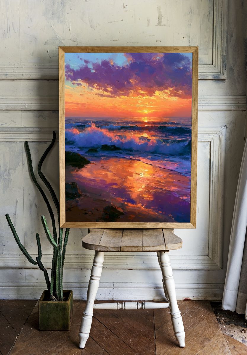 Sunset Ocean Waves Illustration Poster. — room view 1