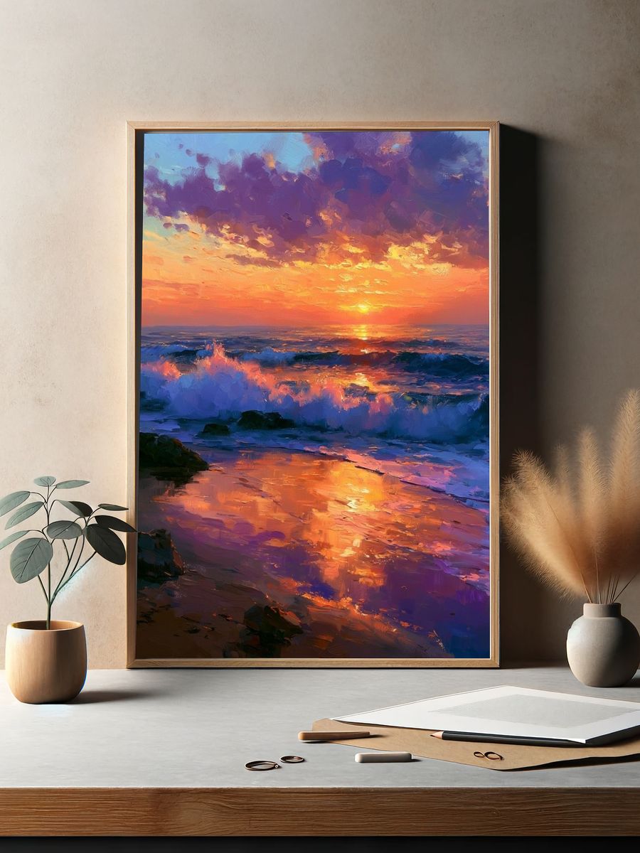 Sunset Ocean Waves Illustration Poster. — room view 2