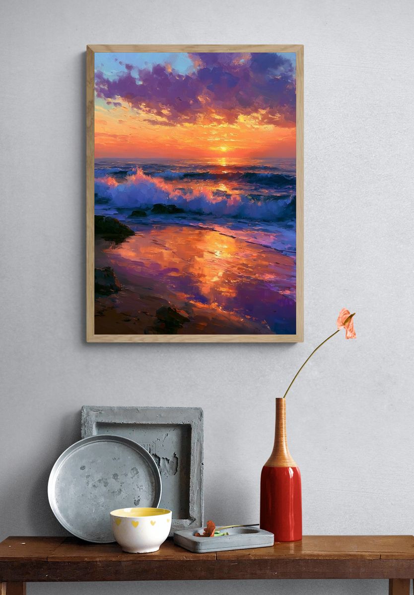 Sunset Ocean Waves Illustration Poster. — room view 3