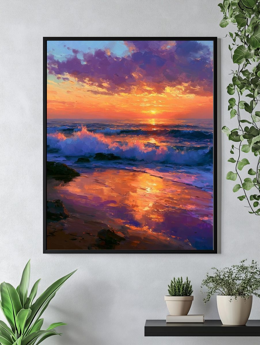 Sunset Ocean Waves Illustration Poster. — room view 4