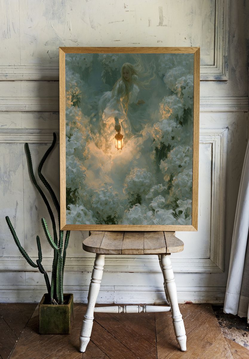 Lantern in the Blossoms Fantasy Print. room preview