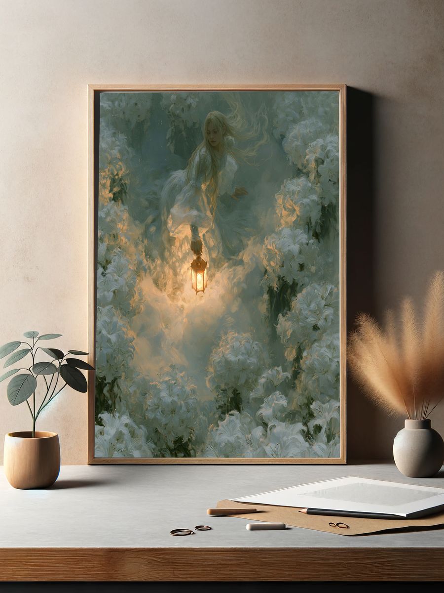 Lantern in the Blossoms Fantasy Print. — room view 2