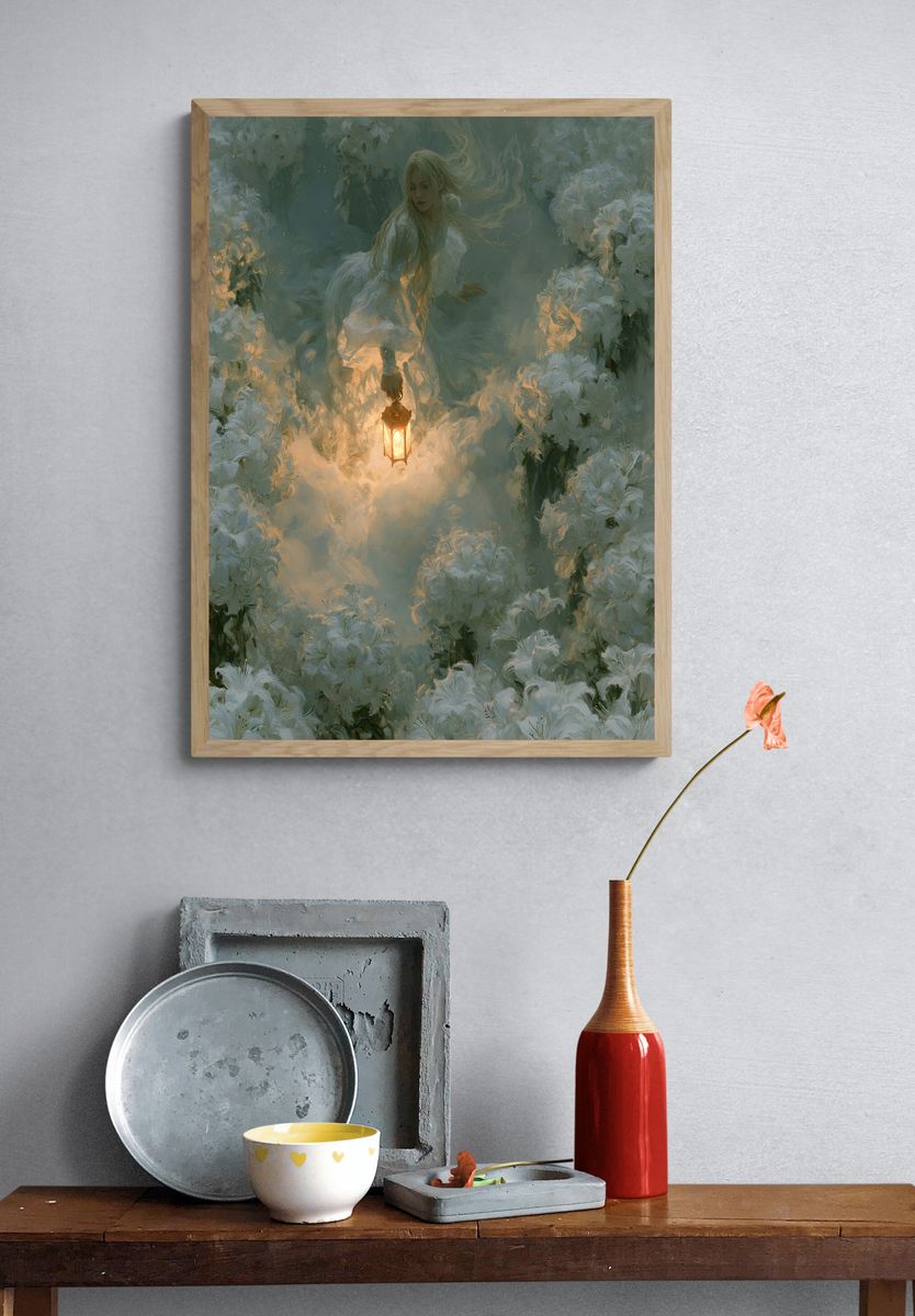 Lantern in the Blossoms Fantasy Print. — room view 3