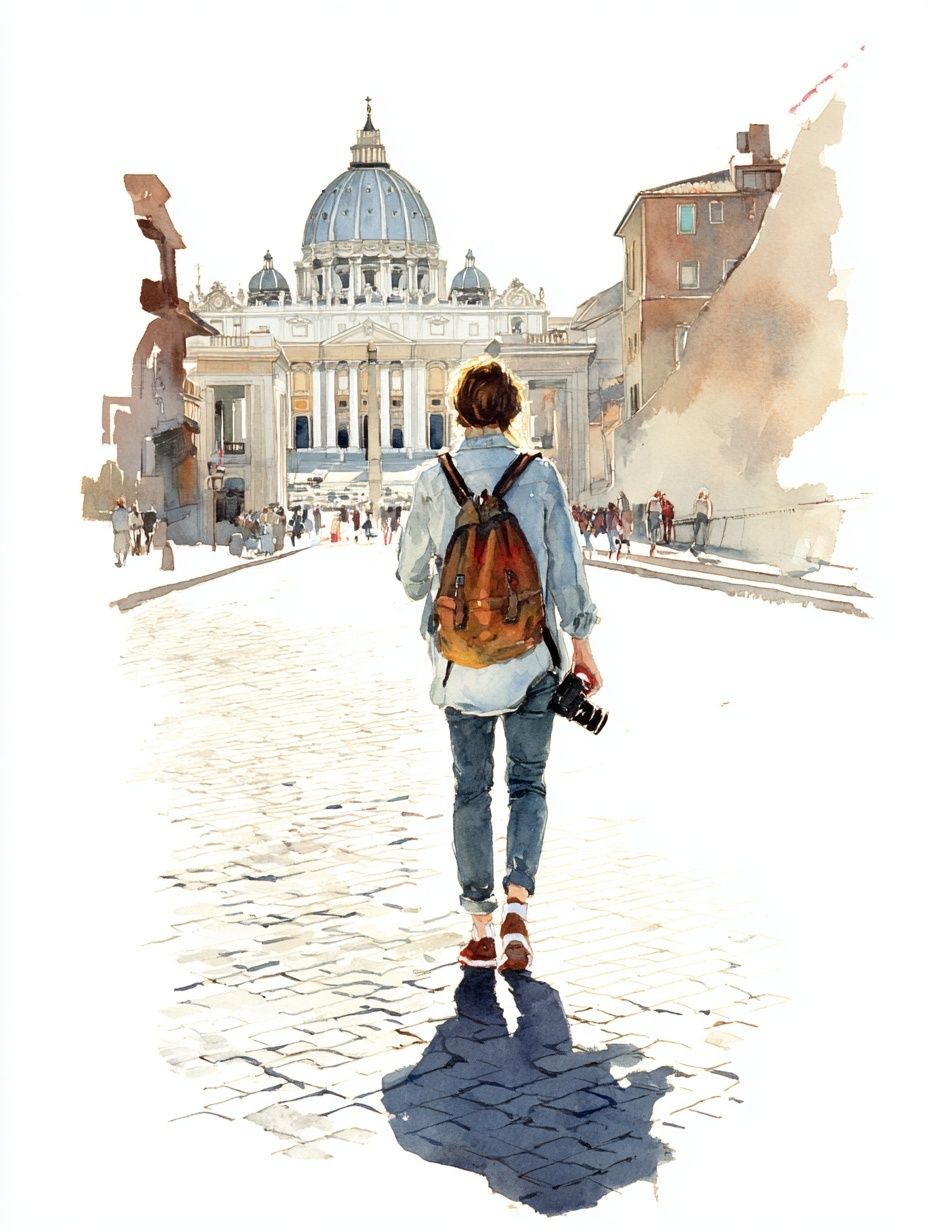 Traveler at St. Peter's Basilica Watercolor Print. poster — illustration art
